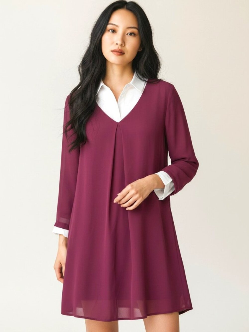 Lush Burgundy Long Sleeve Dress with Sheer Overlay
